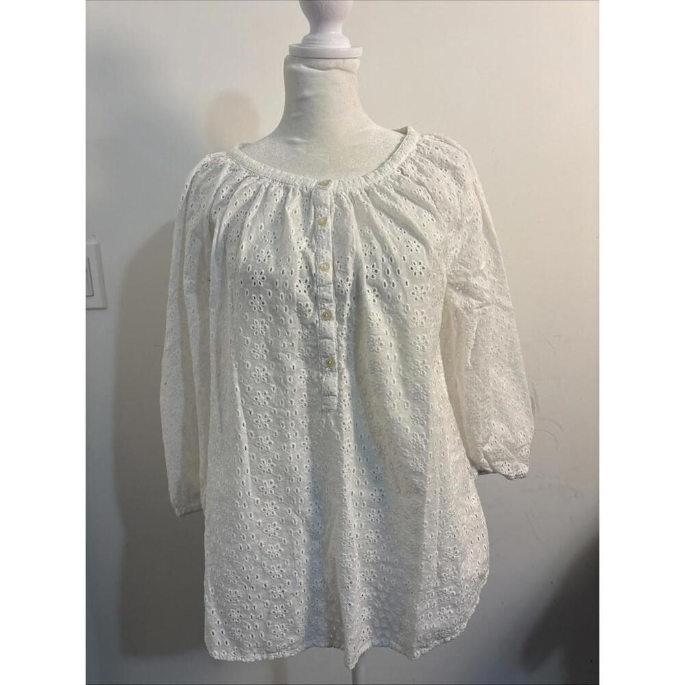 Chaps Denim Eyelet Lace White Blouse Button 3/4 Sleeve New NWOT Medium